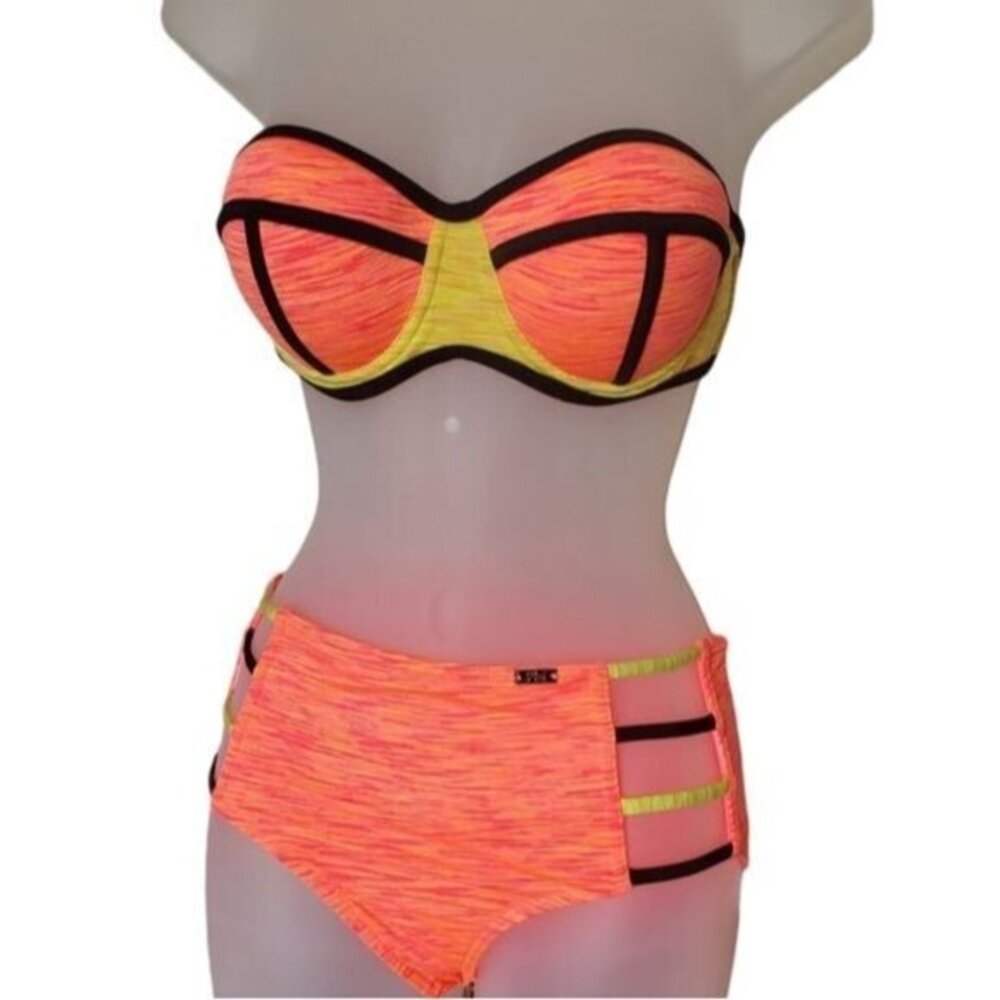 HEAT Womens 2 Piece Bikini SZ S/M‎ Neon Highlighter Pink Yellow Strapless Sexy